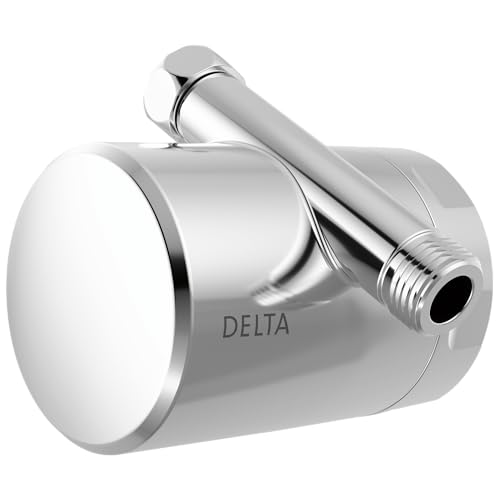 Chrome shower filter attachment with cylindrical body, angled outlet arm, and circular face plate marked "DELTA."