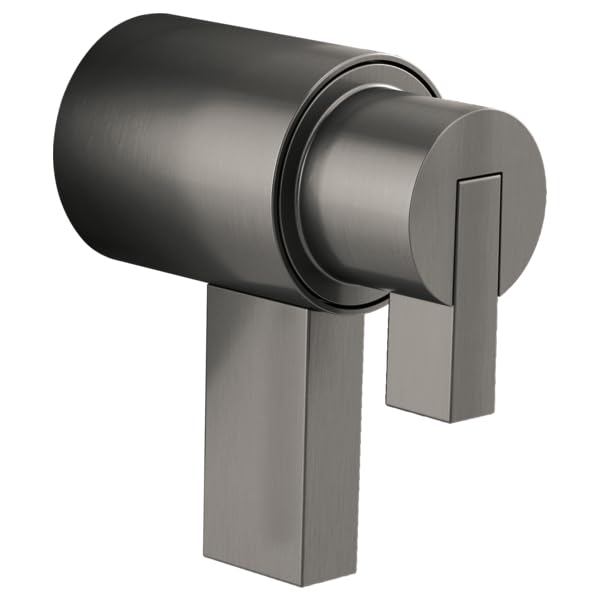 Gunmetal gray thermostatic valve trim with cylindrical body and rectangular lever handle mounted on circular escutcheon.