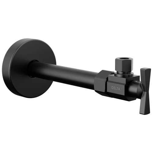 Black angled supply stop valve with round wall flange, outlet connector, and lever handle.