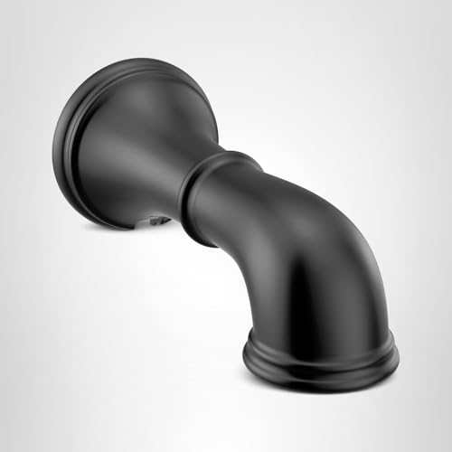 Matte black curved tub spout with slip fit connection and wall flange.