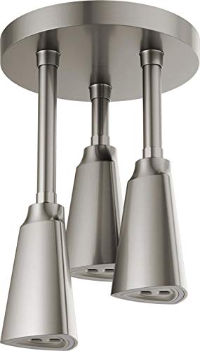 Brushed nickel pendant raincan shower head with three tapered nozzles suspended from circular mounting plate.