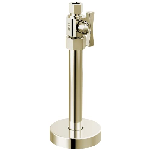 Brass supply stop valve with lever handle and round base for straight water line connection.