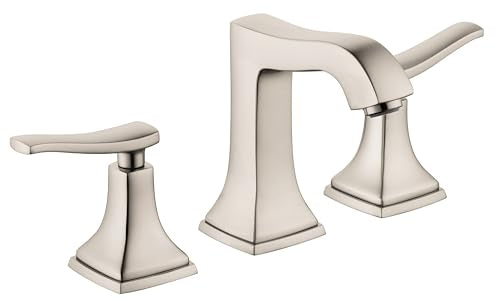 Brushed nickel three-piece widespread faucet with tall center spout and matching lever handles on tapered bases.