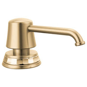Polished gold kitchen soap and lotion dispenser with cylindrical pump and wide circular base.