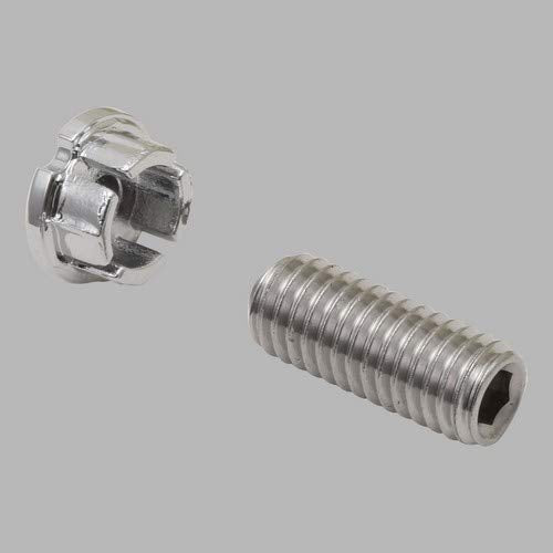 Chrome-finish set screw with hexagonal socket and matching button cap on gray background.