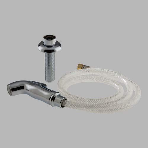 Chrome side spray handle with flexible hose and mounting assembly components.