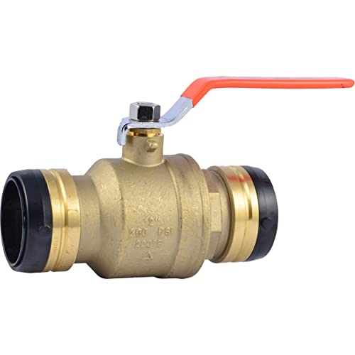 Brass ball valve with red lever handle and black push-to-connect fittings on both ends.