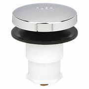 Chrome-plated foot actuated drain stopper with black rubber seal and white cylindrical body.
