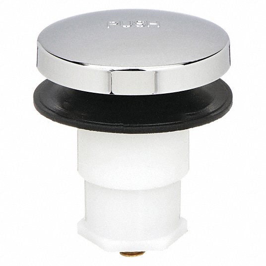Chrome-plated foot actuated drain stopper with black rubber seal and white cylindrical body.
