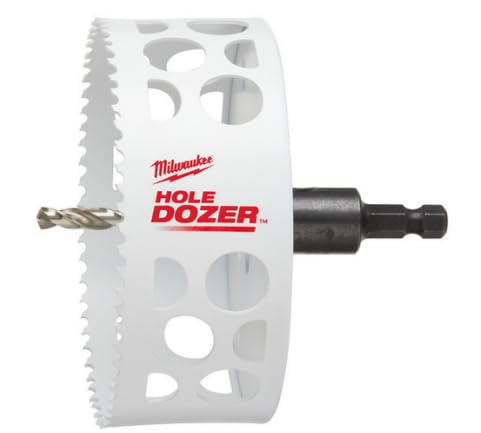 Milwaukee HOLE DOZER 5-inch bi-metal hole saw with white cutter body, black arbor, and serrated cutting edge.