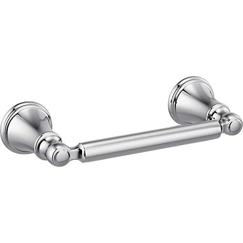 Chrome tissue holder with cylindrical bar and decorative circular mounting flanges on each end.