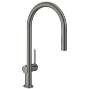 Brushed black chrome high-arc kitchen faucet with pull-down spray head and single lever handle.