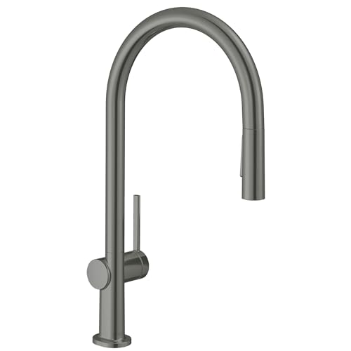 Brushed black chrome high-arc kitchen faucet with pull-down spray head and single lever handle.