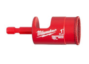 Red Milwaukee 1" diamond hole saw with cylindrical body, textured diamond-coated tip, and drill bit attachment.