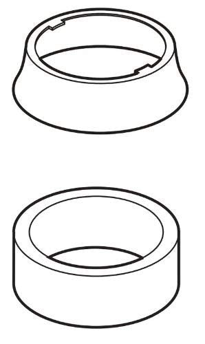 Stainless steel escutcheon and gasket ring with curved collar design shown in two assembly views.