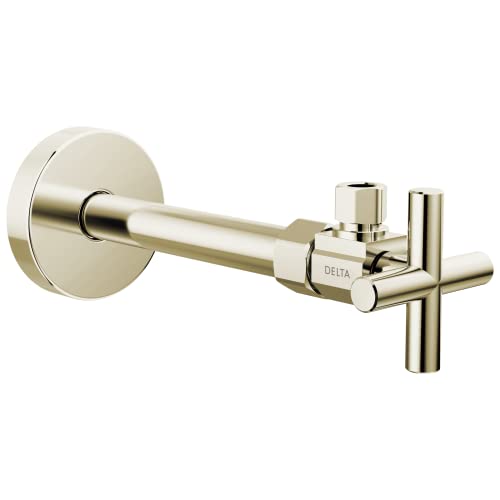 Brushed nickel angled supply stop valve with cross-shaped handle and round mounting plate.
