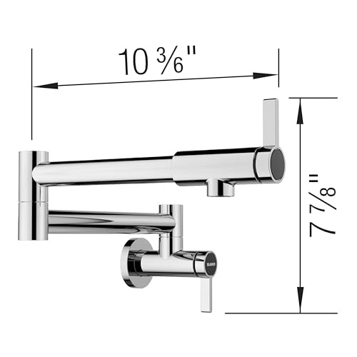 Chrome wall-mounted potfiller faucet with folding spout and lever handle, dimensions shown as 10 3/8" wide and 7 7/8" tall.