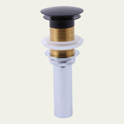 Luxe nickel push button pop-up drain assembly with brass threading and white plastic body components.