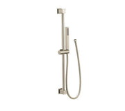 Polished nickel shower slide bar with integrated handheld showerhead holder and flexible hose attachment.