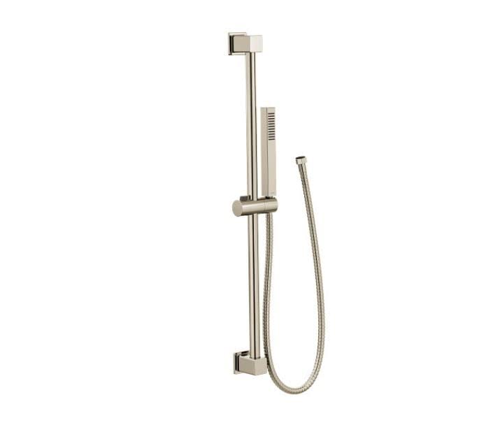 Polished nickel shower slide bar with integrated handheld showerhead holder and flexible hose attachment.