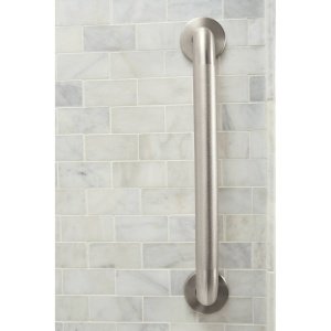 Brushed nickel 24-inch grab bar with peened finish mounted vertically on tile wall.