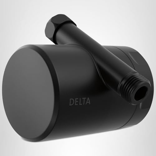 Matte black cylindrical shower filter attachment with threaded inlet port and adjustable spray nozzle on top.