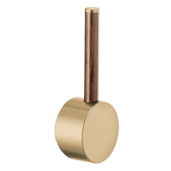 Brass round escutcheon with dark wood lever handle and gold trim for Brizo Odin pull-down faucet.