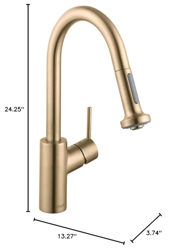 Brushed gold kitchen faucet with curved pull-down spout, single handle, and spray head, 24.25 inches tall.