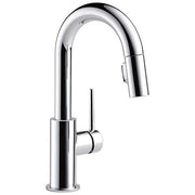 Chrome single-handle kitchen faucet with pull-down sprayer and curved spout.