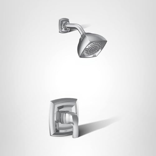 Chrome shower trim kit with single handle control and square showerhead on curved arm.