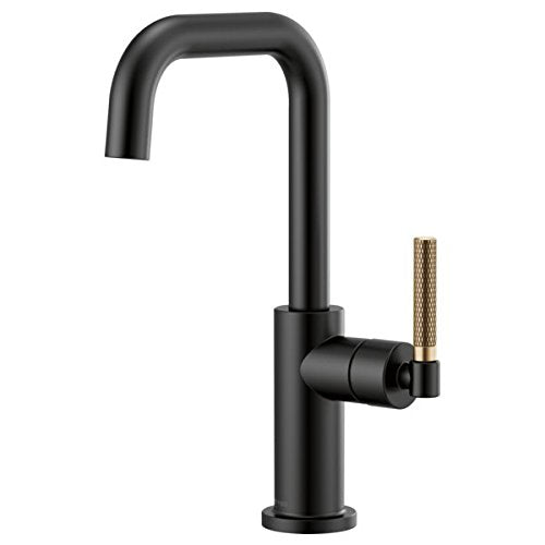 Matte black bar faucet with tall square spout and knurled bronze handle on right side.