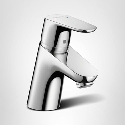 Chrome single-hole bathroom faucet with curved spout and lever handle.