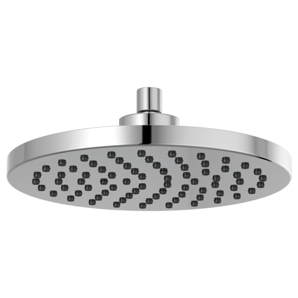 Round chrome raincan shower head with multiple spray nozzles and cylindrical arm connector.