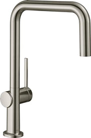 Hansgrohe Talis N stainless steel kitchen faucet with U-shaped spout and single lever handle.