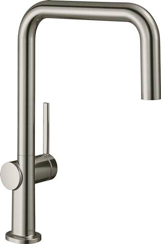 Hansgrohe Talis N stainless steel kitchen faucet with U-shaped spout and single lever handle.