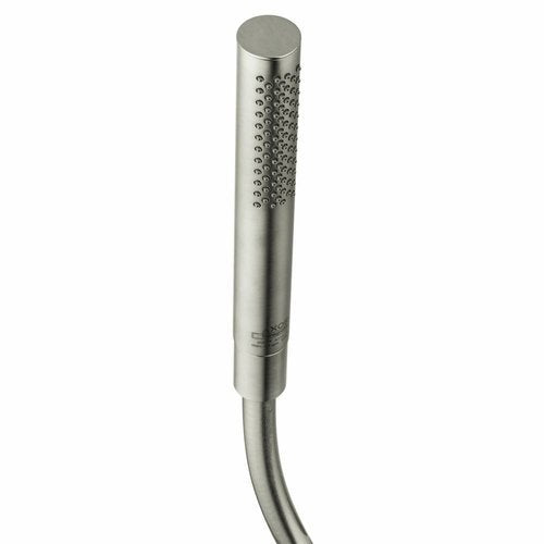 Brushed nickel cylindrical handshower with perforated spray head and curved hose connection.