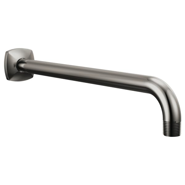 Stainless steel wall-mounted shower arm with square flange and angled spout design.