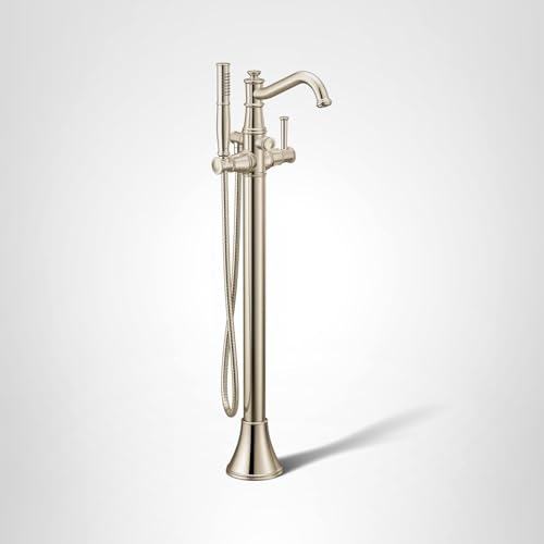 Polished nickel freestanding floor-mounted tub filler with single handle, curved spout, and matching handheld shower.