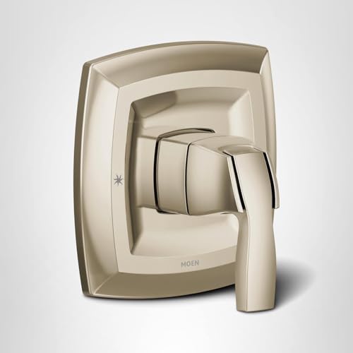Polished nickel single-handle valve trim kit with curved rectangular escutcheon plate and lever handle.