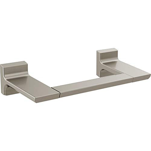 Brushed nickel towel bar with rectangular mounting brackets on each end and curved support shelf.