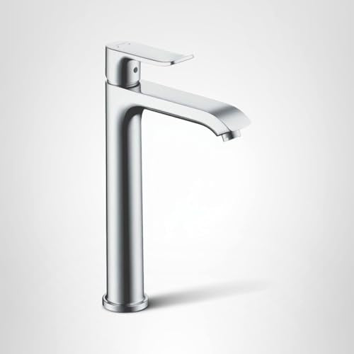 Chrome single-hole bathroom faucet with tall cylindrical body and curved spout extending to the right.