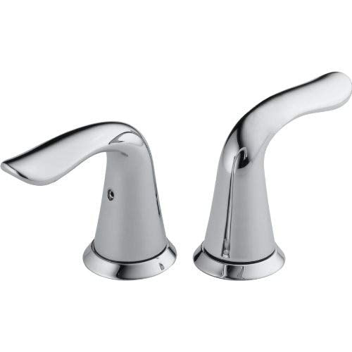 Pair of chrome bathroom faucet handles with curved metal levers and cone-shaped bases.