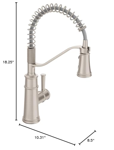 Stainless steel kitchen faucet with coiled pull-down spray head, single handle, and spot-resistant finish, 18.25" height.