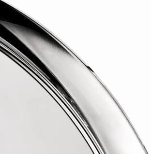 Chrome thermostatic shower trim with curved handle and control knob against white background.