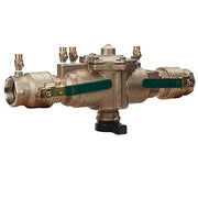 Brass backflow preventer with two green shut-off handles, inlet and outlet ports, and test cocks on top.