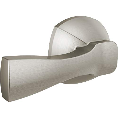 Brushed nickel tank lever with curved handle and round mounting base for universal toilet installation.