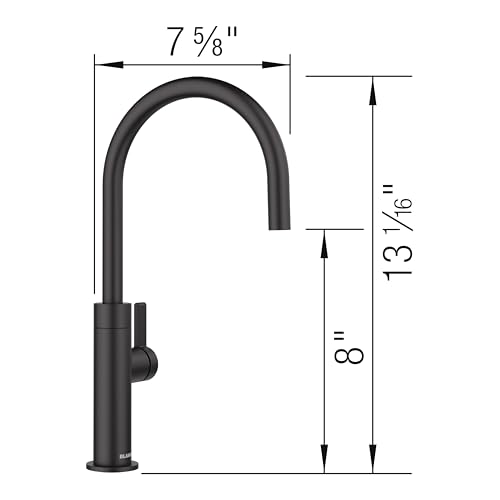 Matte black beverage faucet with curved spout, 7 5/8" width and 13 1/16" height, side lever handle.