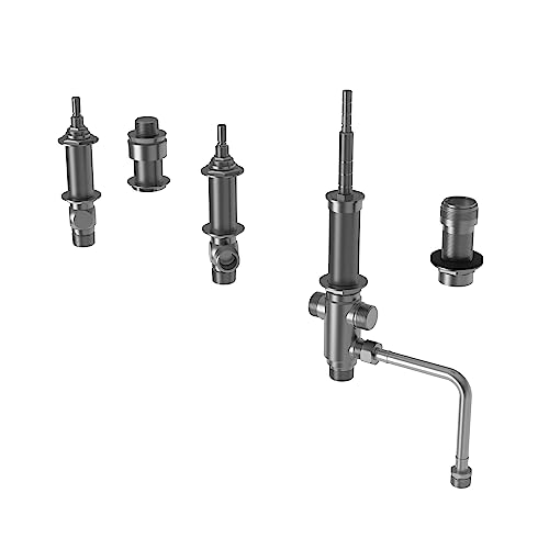 Five dark metal valve components for Roman tub faucet installation, including rough-in valve with outlet spout.