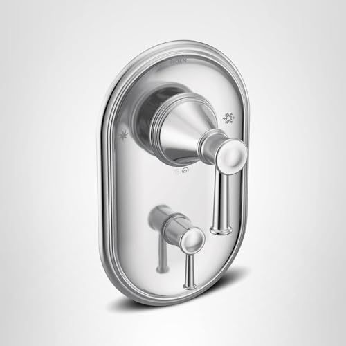 Chrome Moen Belfield shower valve trim with dual handles and three-function transfer valve control.