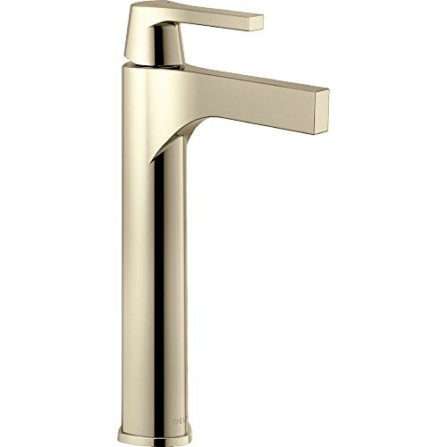 Tall single-handle bathroom faucet with polished brass finish and angular spout for vessel sinks.